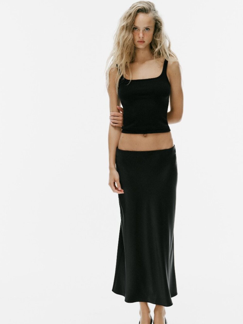 NEW Zara Black Silk Satin Midi Skirt